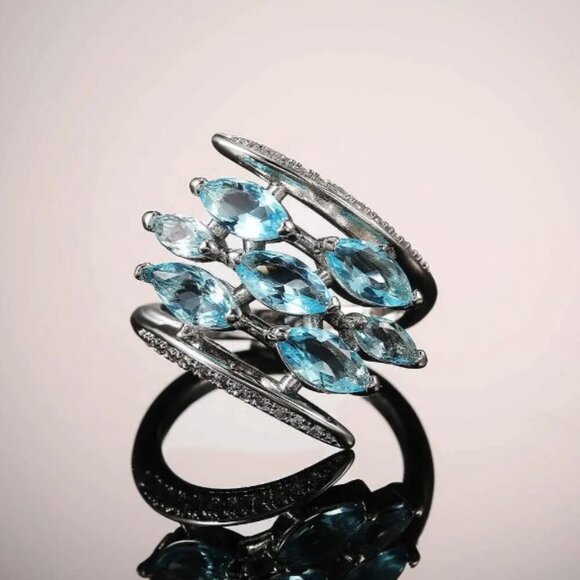 💍Silver Multiple Unique Marquis Gems Bright Light Blue💎 Ring, INDN8564 - Picture 10 of 10